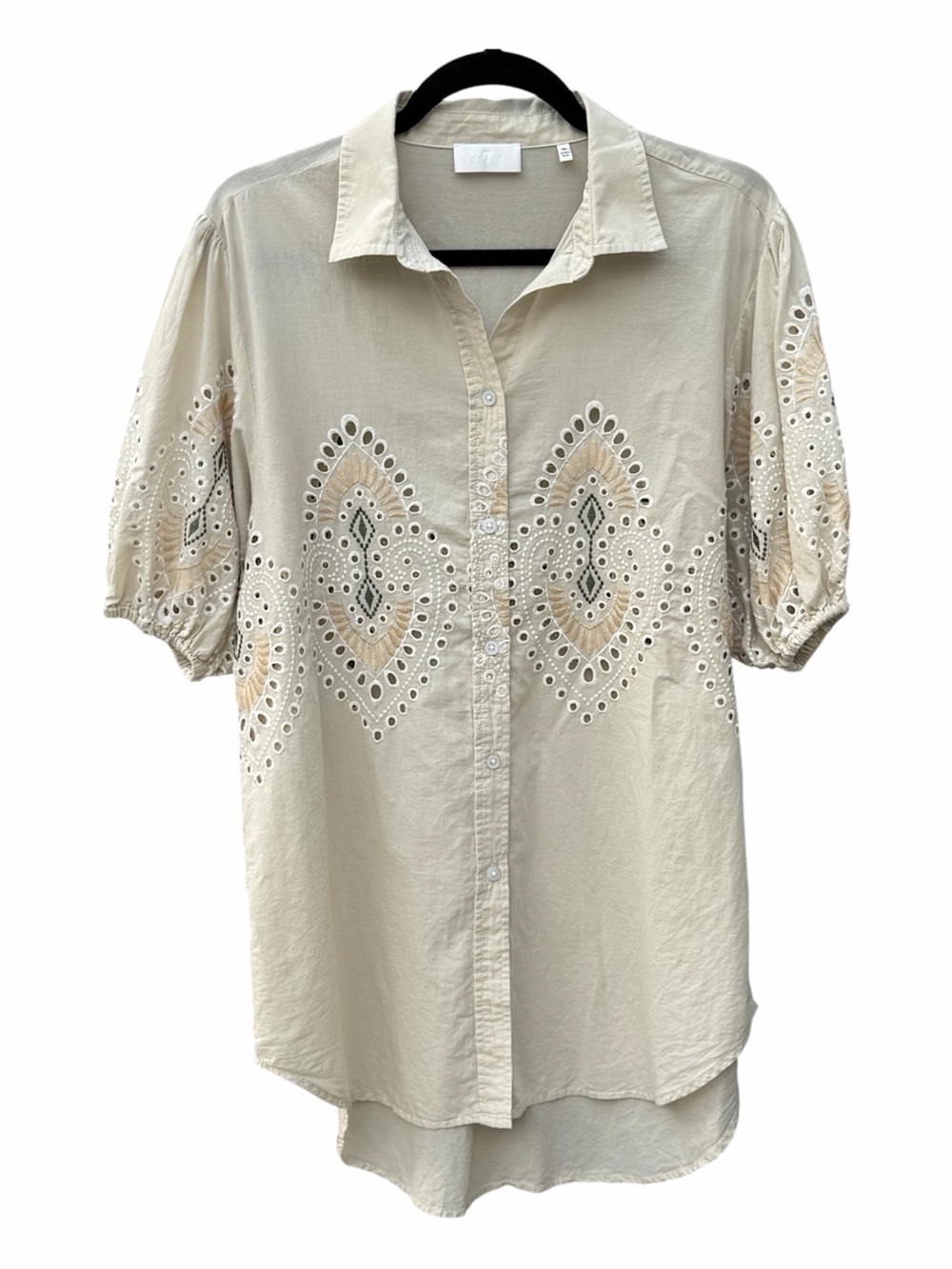 Seven7 Cream Eyelet Button-Down Tunic Shirt- puffy shirt sleeves